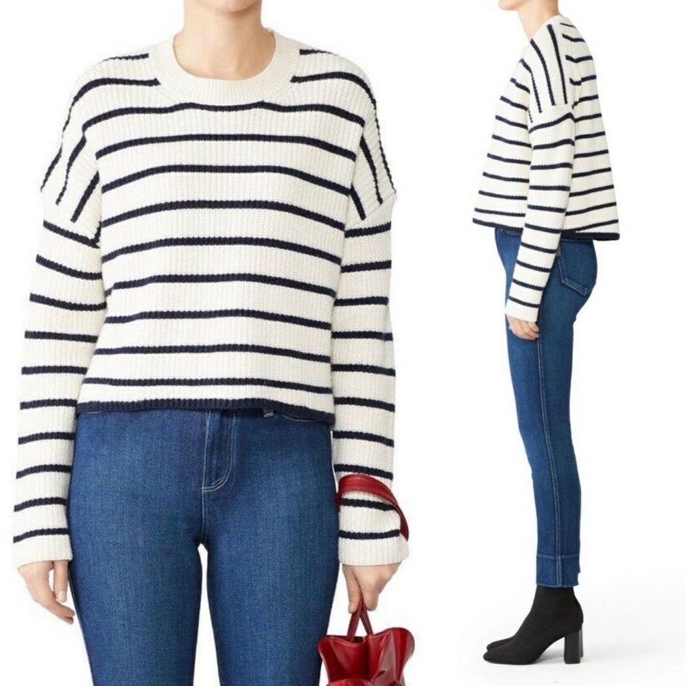 ALC Portland 100% Marino Wool Stripe Crop Sweater in Cream and Navy XS
